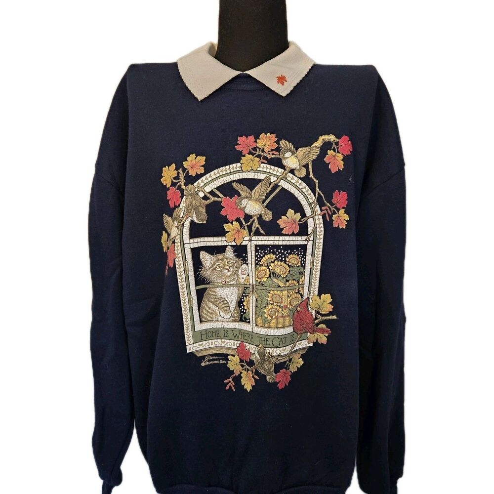 Vintage Morning Sun Sweatshirt Extra Large Navy Fall Leaves Cat Pullover 90s